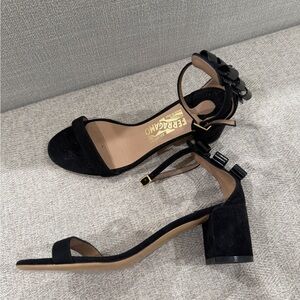 Salvatore Ferragamo Black Suede Heels with Floral Accent